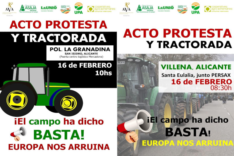 La gran protesta agraria del campo alicantino será el día 16 de febrero en La Vega Baja y el Alto Vinalopó
